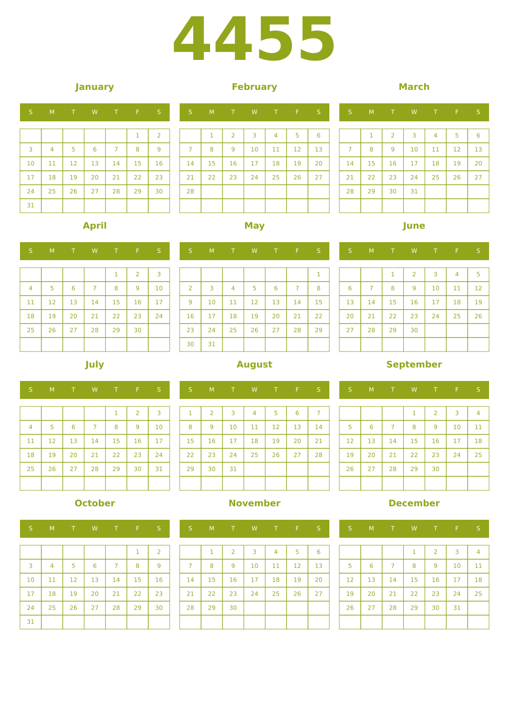 Printable 4455 Year Calendars chartreuse