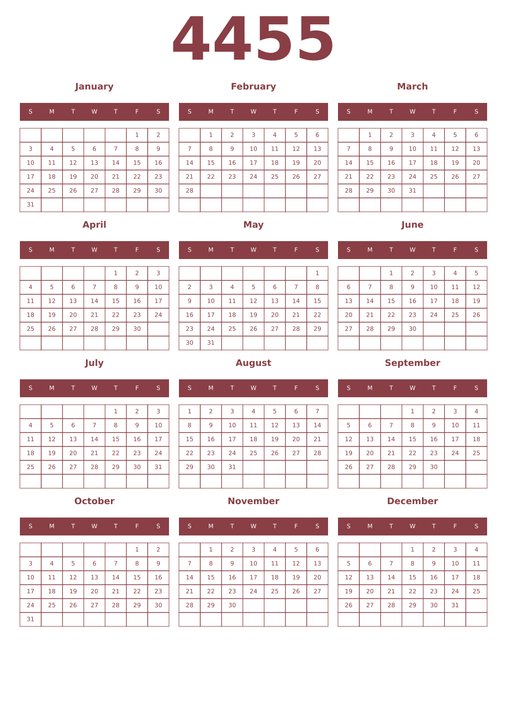 Printable 4455 Year Calendars cordovan