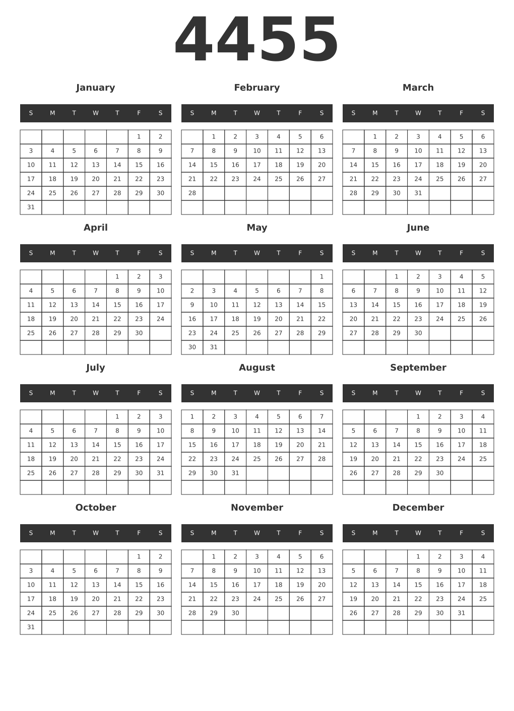Printable 4455 Year Calendars dark