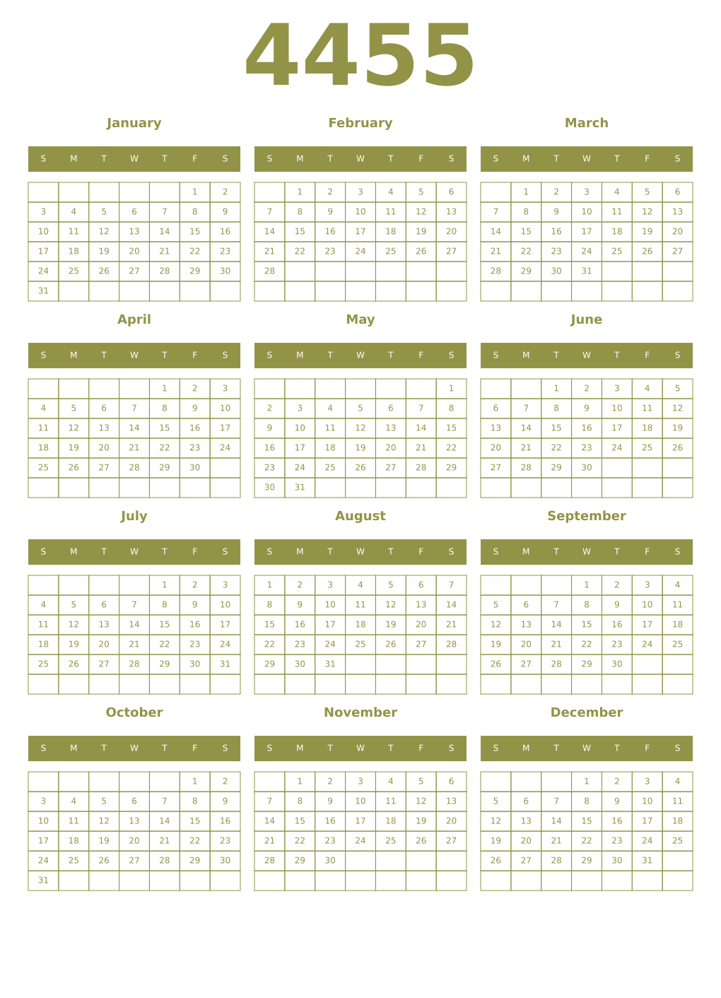 Printable 4455 Year Calendars eburnean