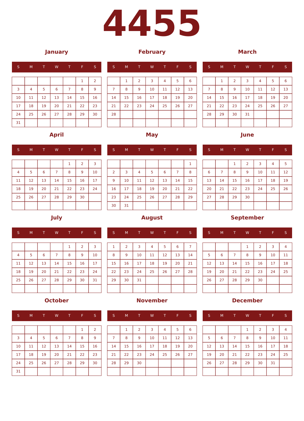 Printable 4455 Year Calendars falu