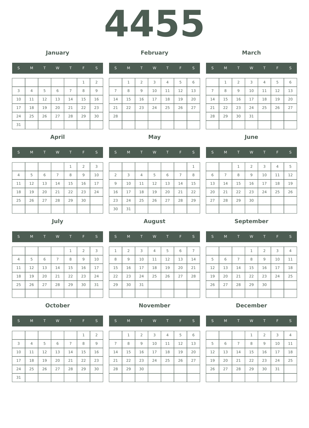 Printable 4455 Year Calendars feldgrau