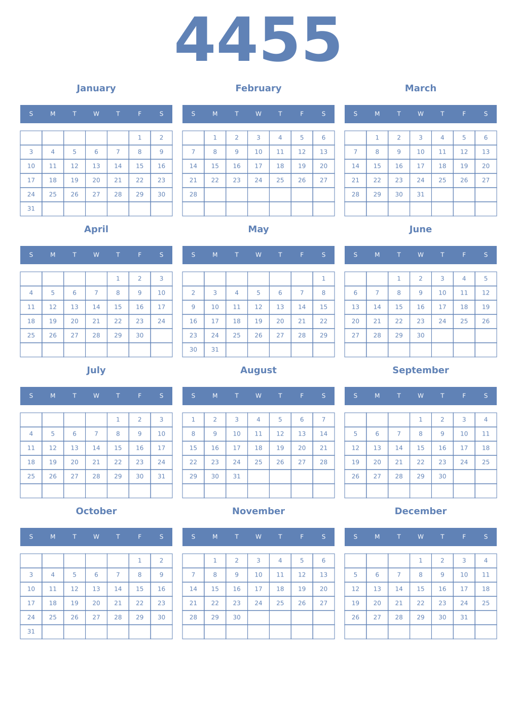 Printable 4455 Year Calendars glaucous