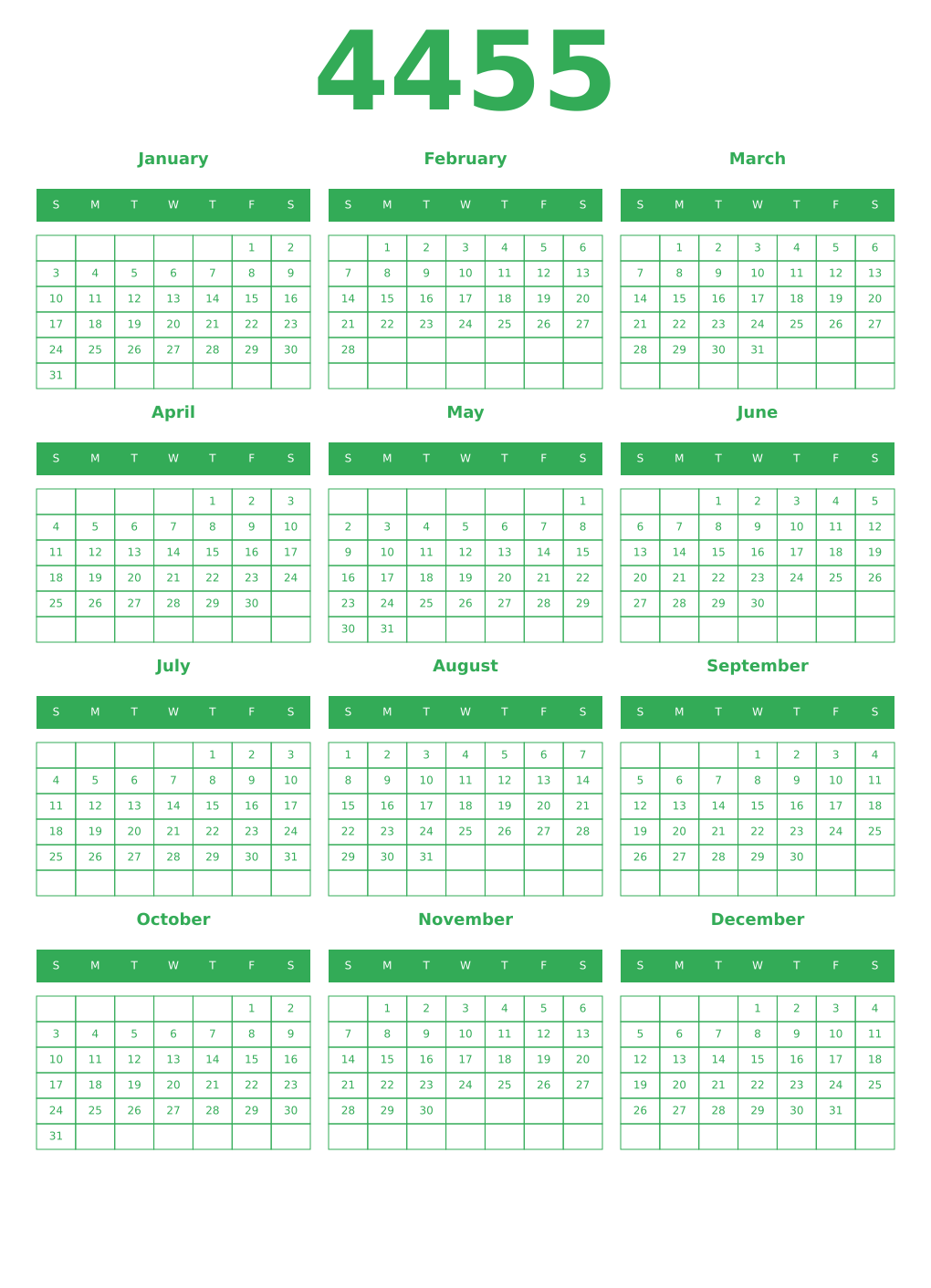 Printable 4455 Year Calendars green