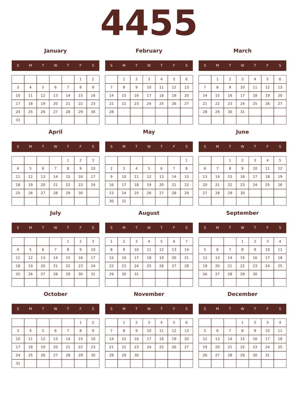 Printable 4455 Year Calendars mortuum