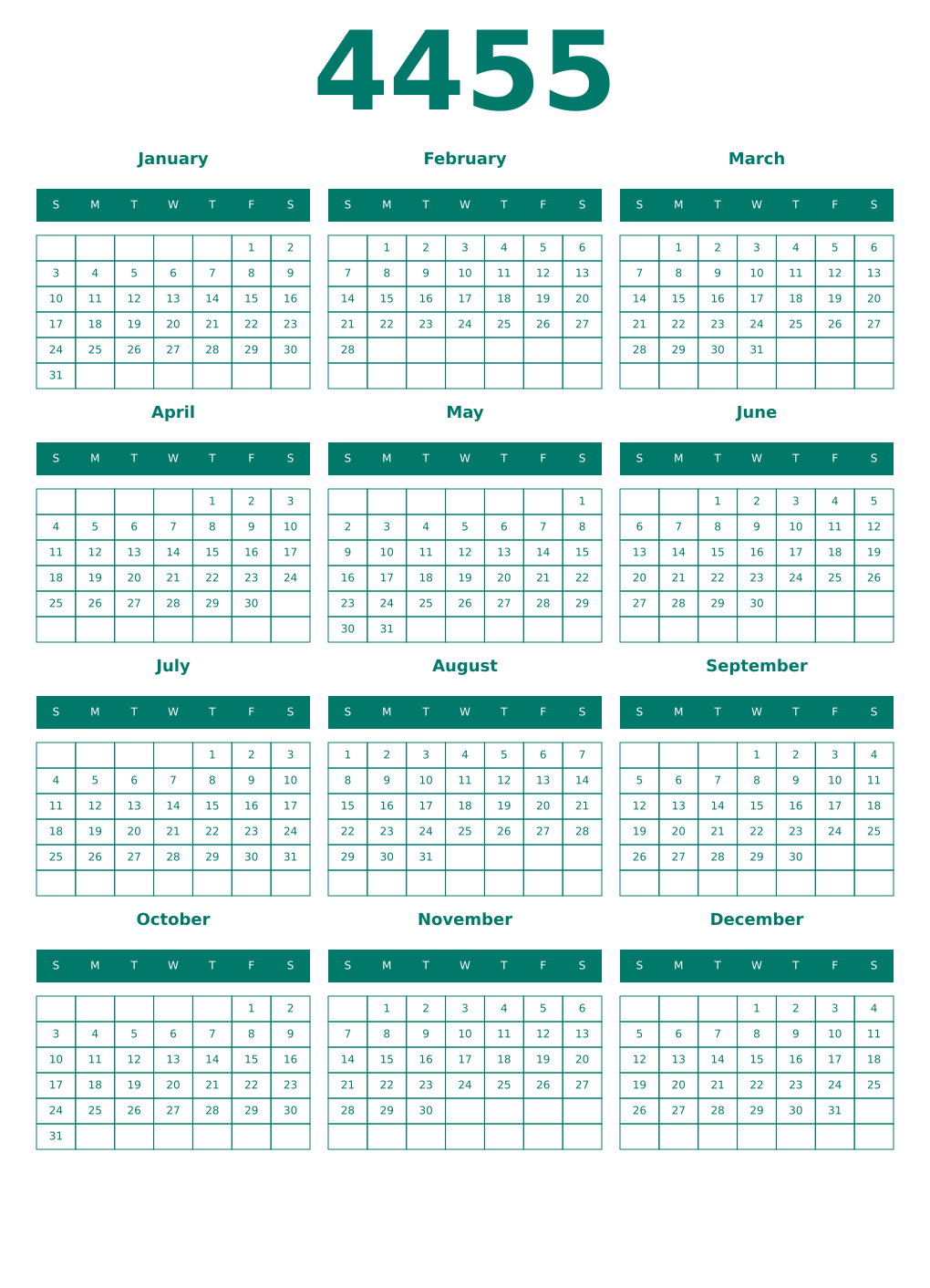 Printable 4455 Year Calendars pastel