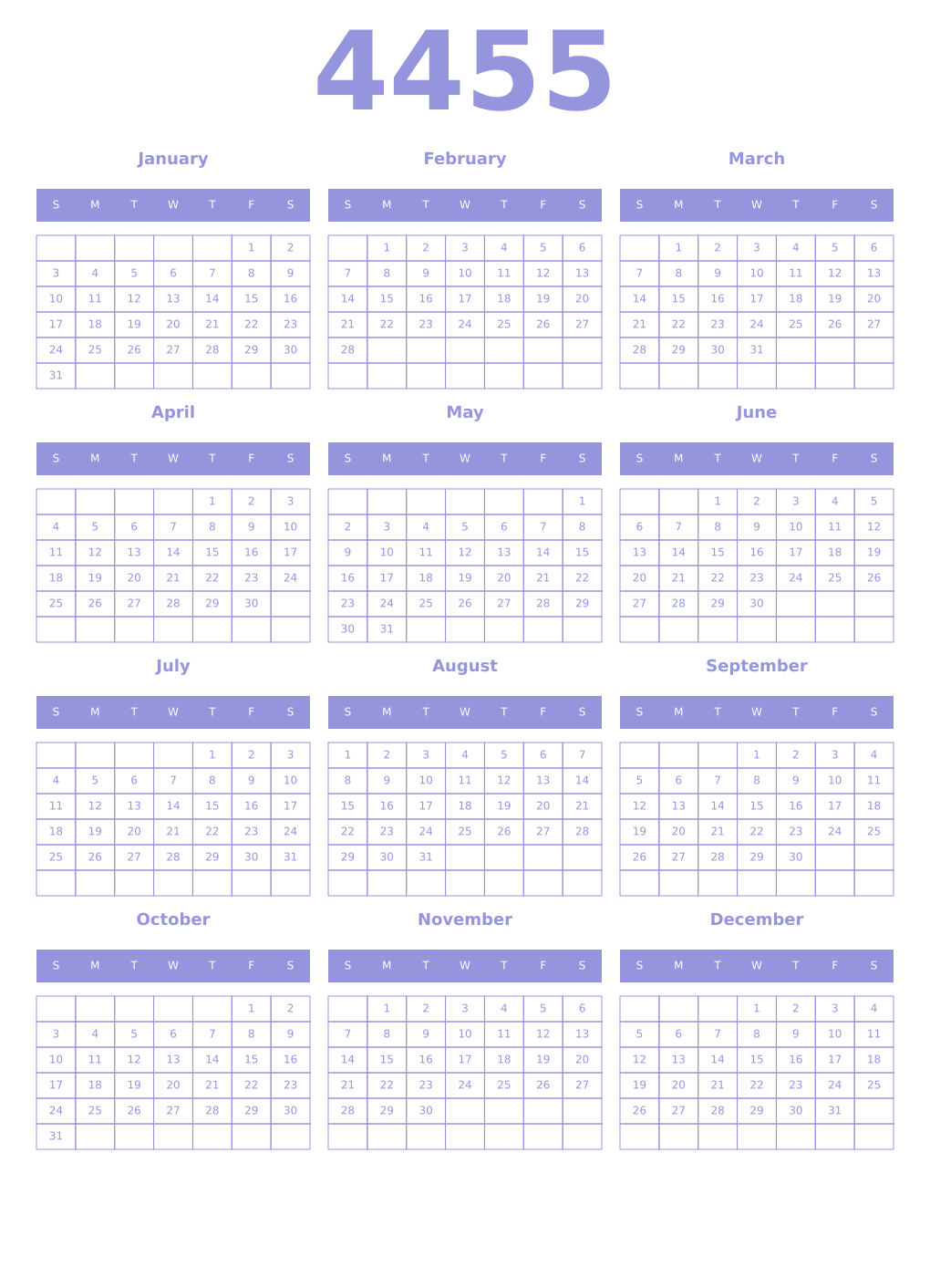 Printable 4455 Year Calendars periwinkle