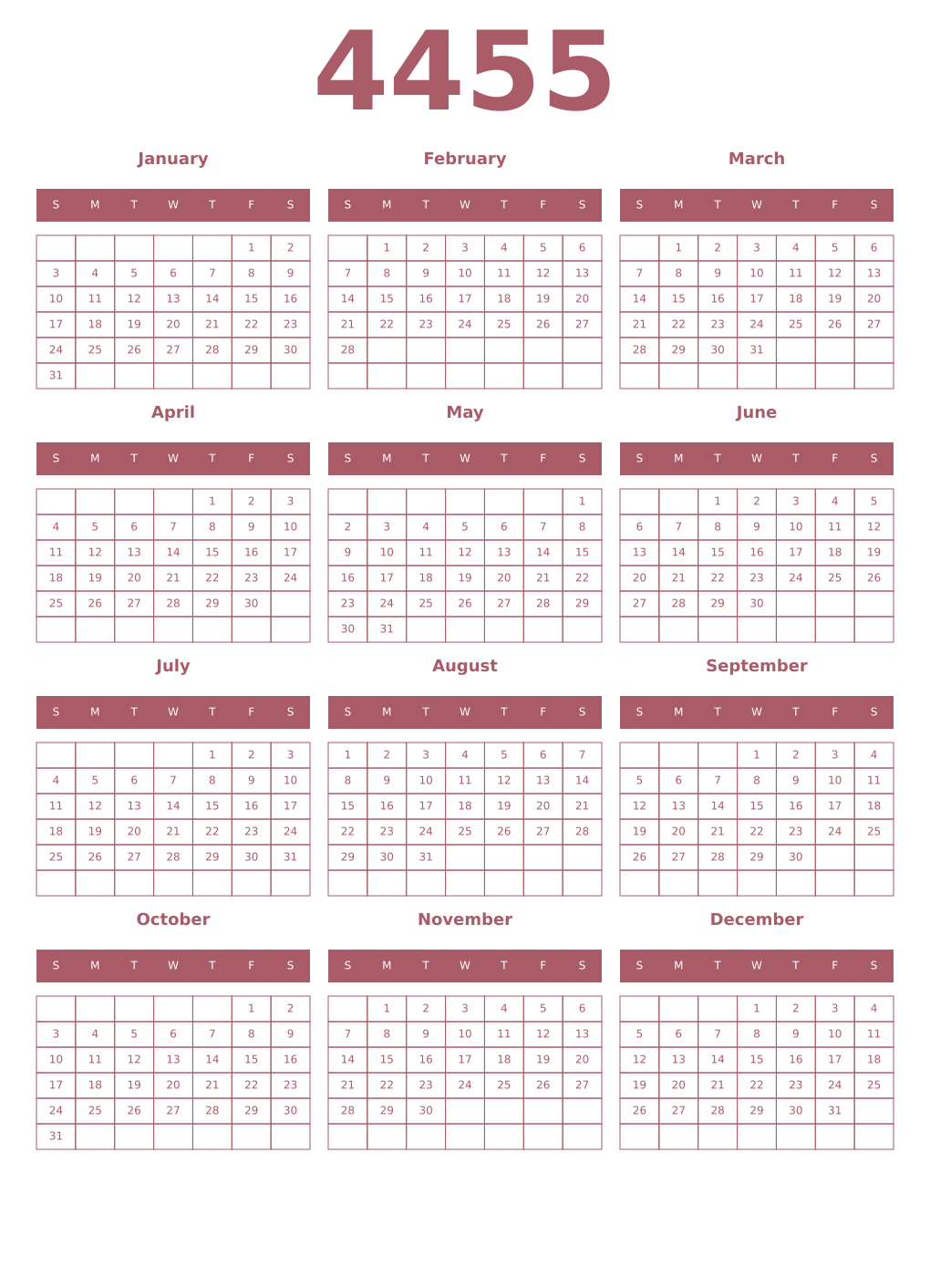 Printable 4455 Year Calendars puce