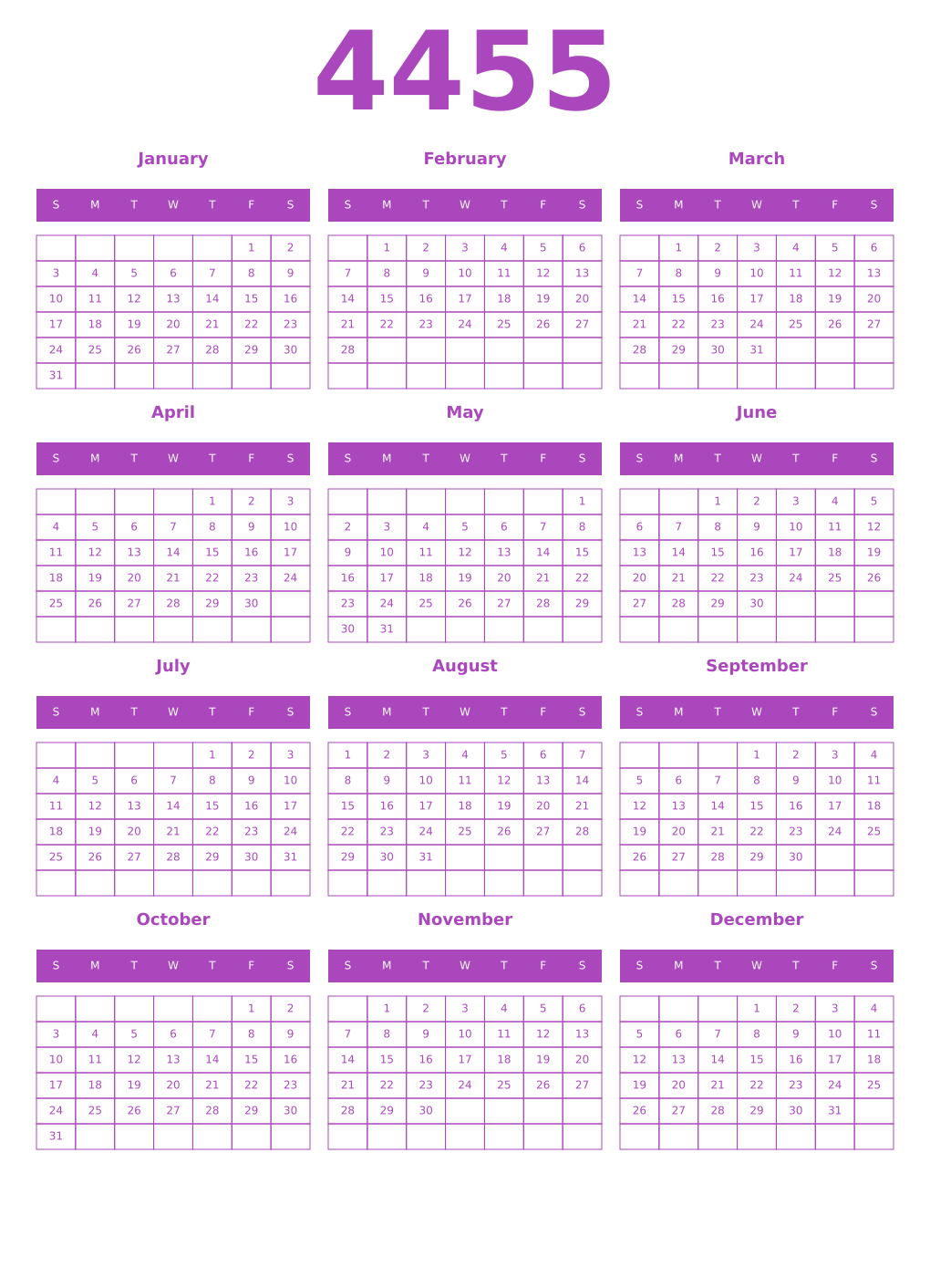 Printable 4455 Year Calendars purple