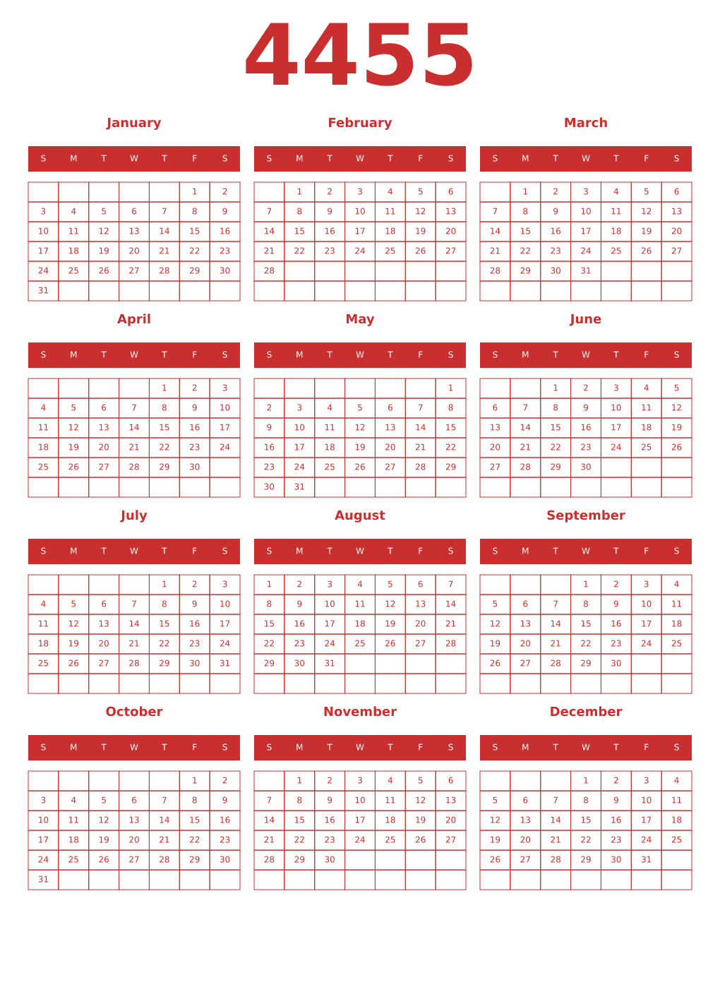 Printable 4455 Year Calendars red