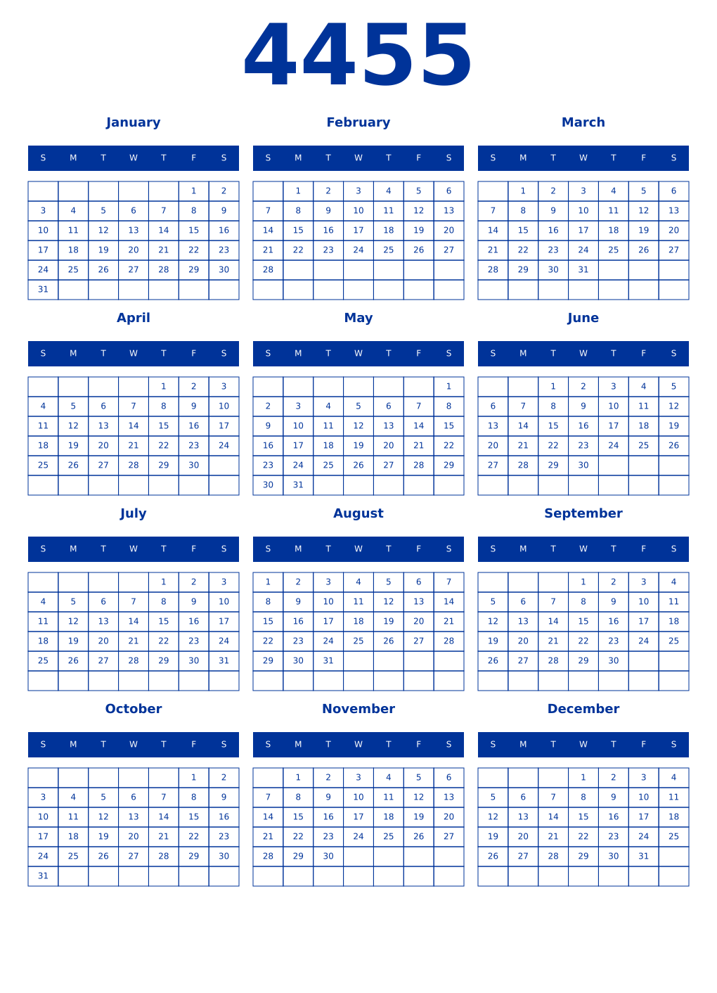Printable 4455 Year Calendars smalt