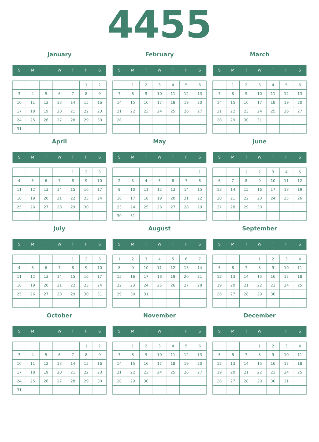 Printable 4455 Year Calendars viridian