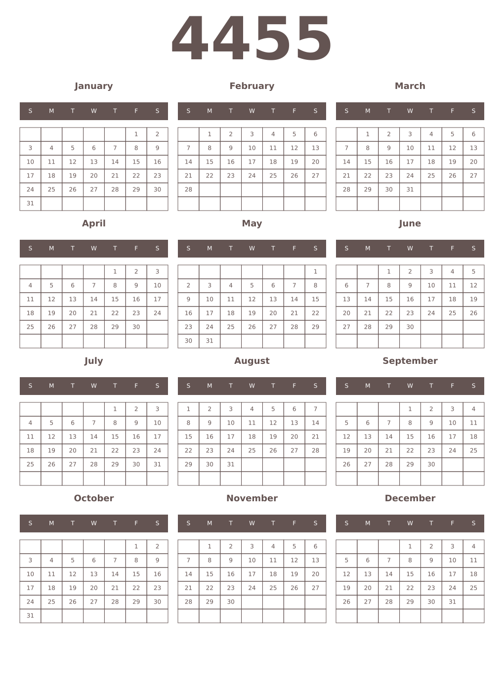 Printable 4455 Year Calendars wenge