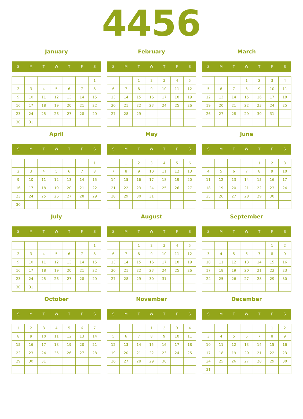 Printable 4456 Year Calendars chartreuse