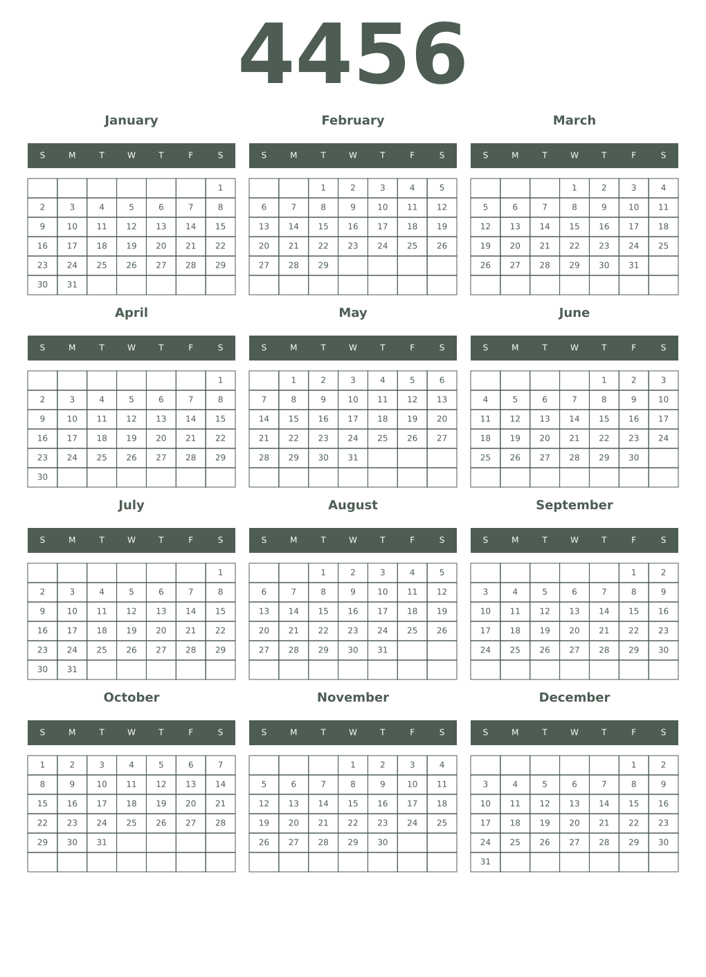 Printable 4456 Year Calendars feldgrau