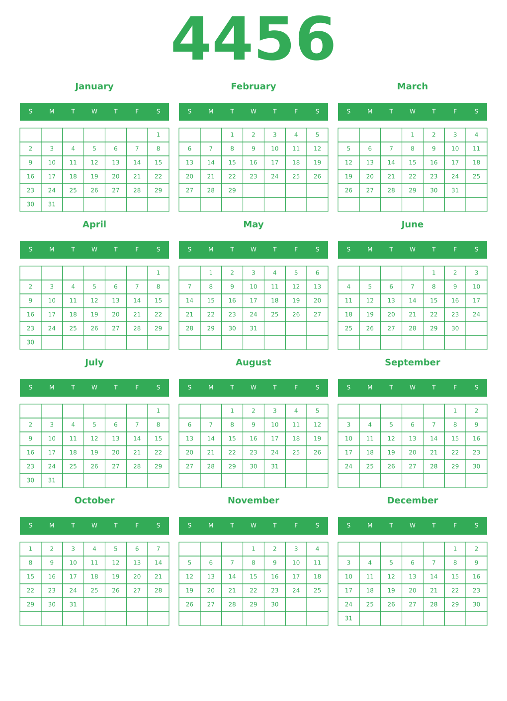 Printable 4456 Year Calendars green
