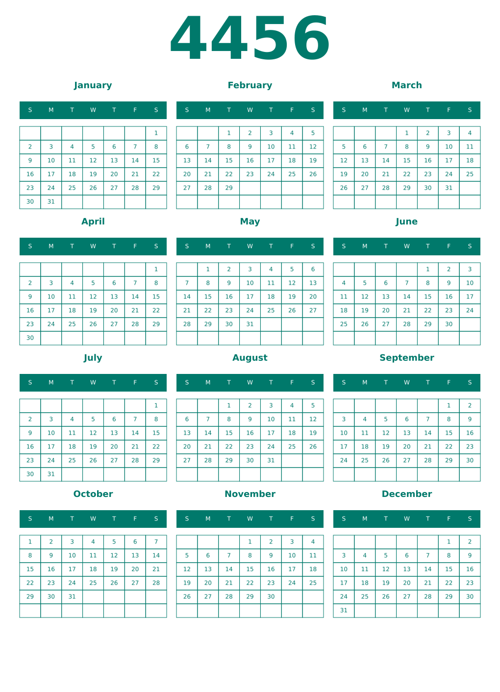 Printable 4456 Year Calendars pastel