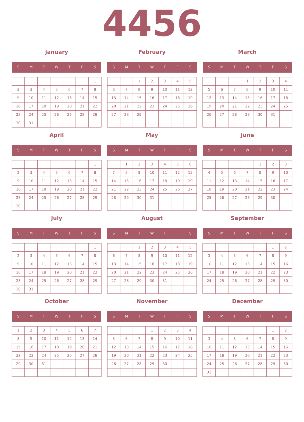 Printable 4456 Year Calendars puce