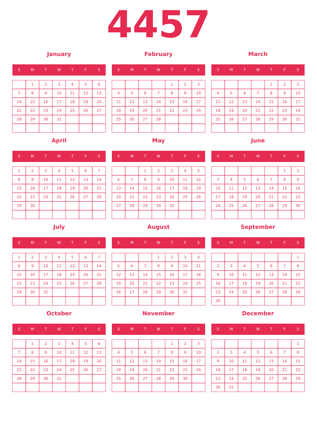 Printable 4457 Year Calendars amaranth