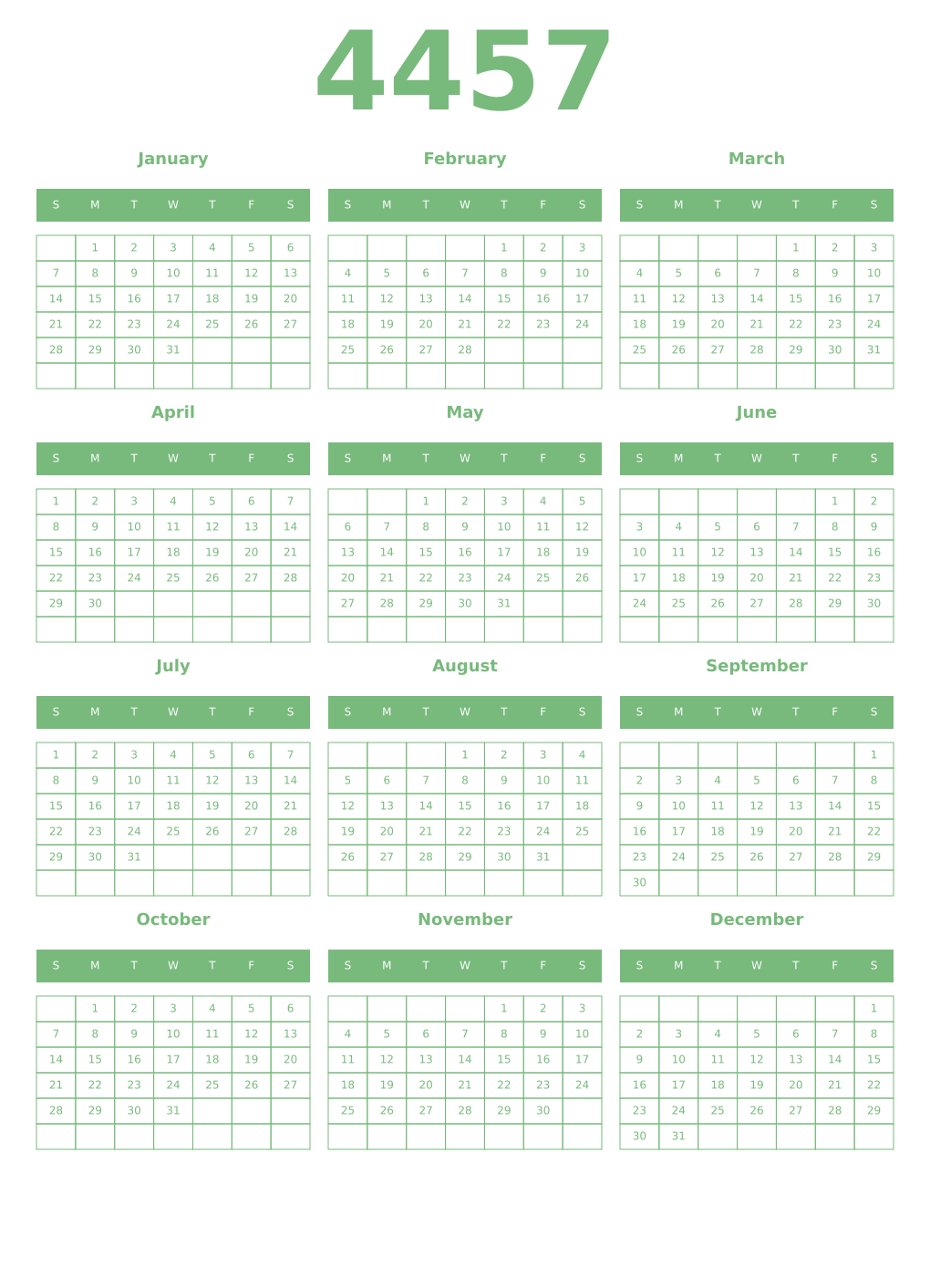 Printable 4457 Year Calendars celadon