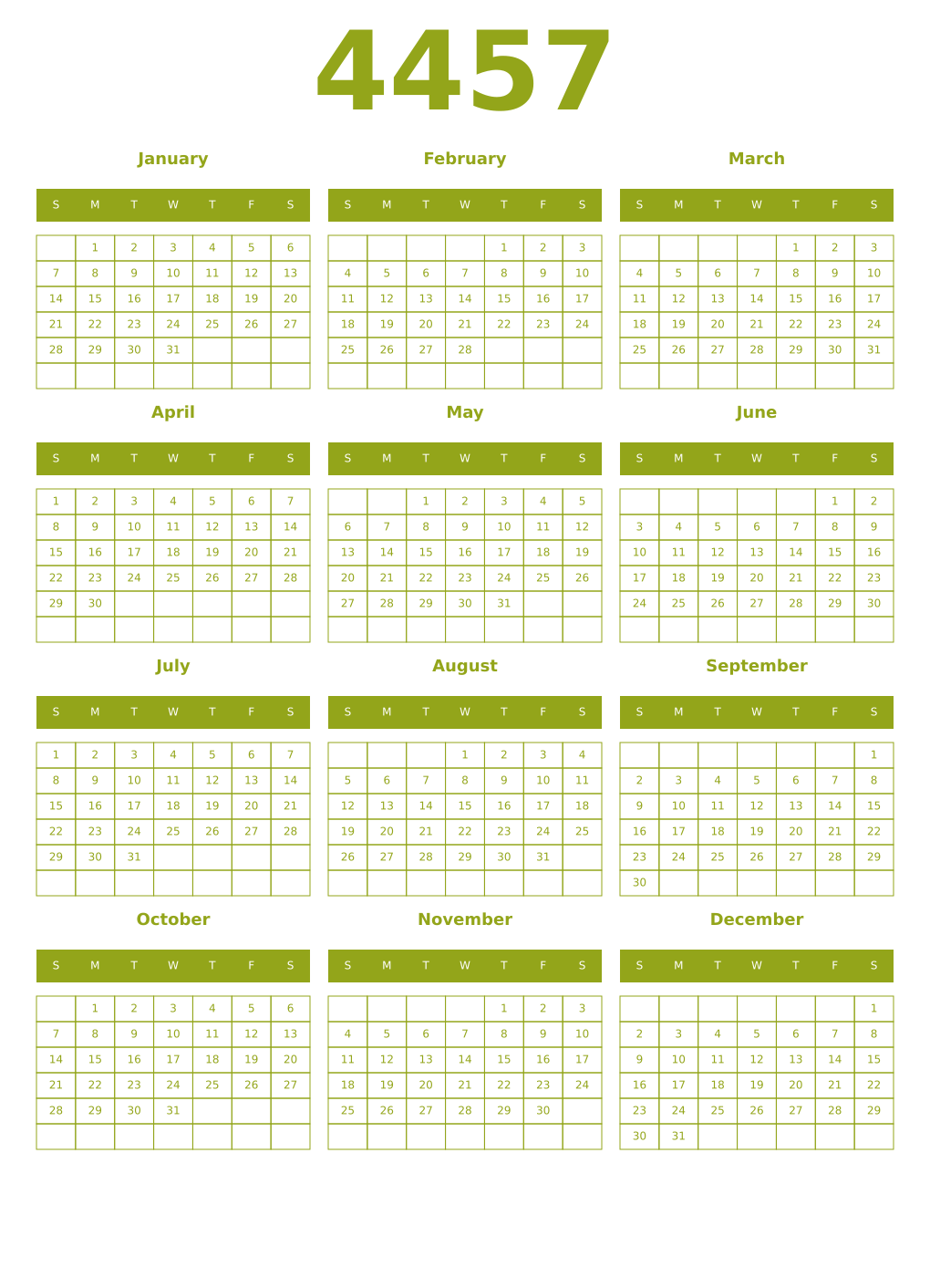 Printable 4457 Year Calendars chartreuse