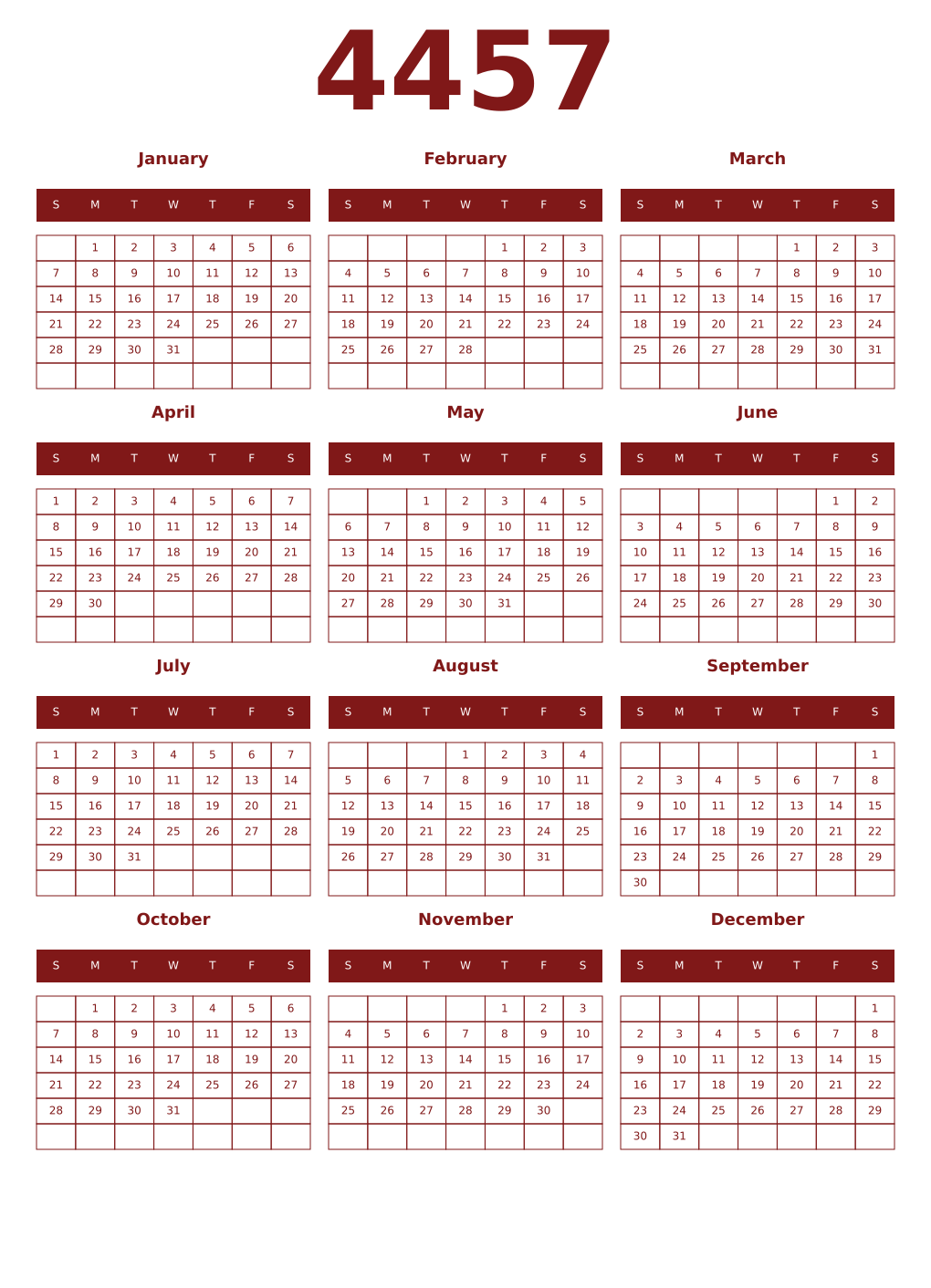 Printable 4457 Year Calendars falu