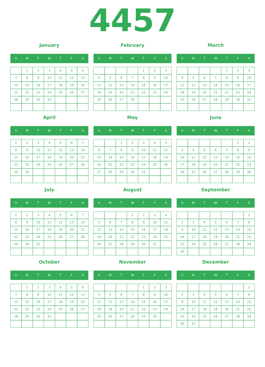 Printable 4457 Year Calendars green
