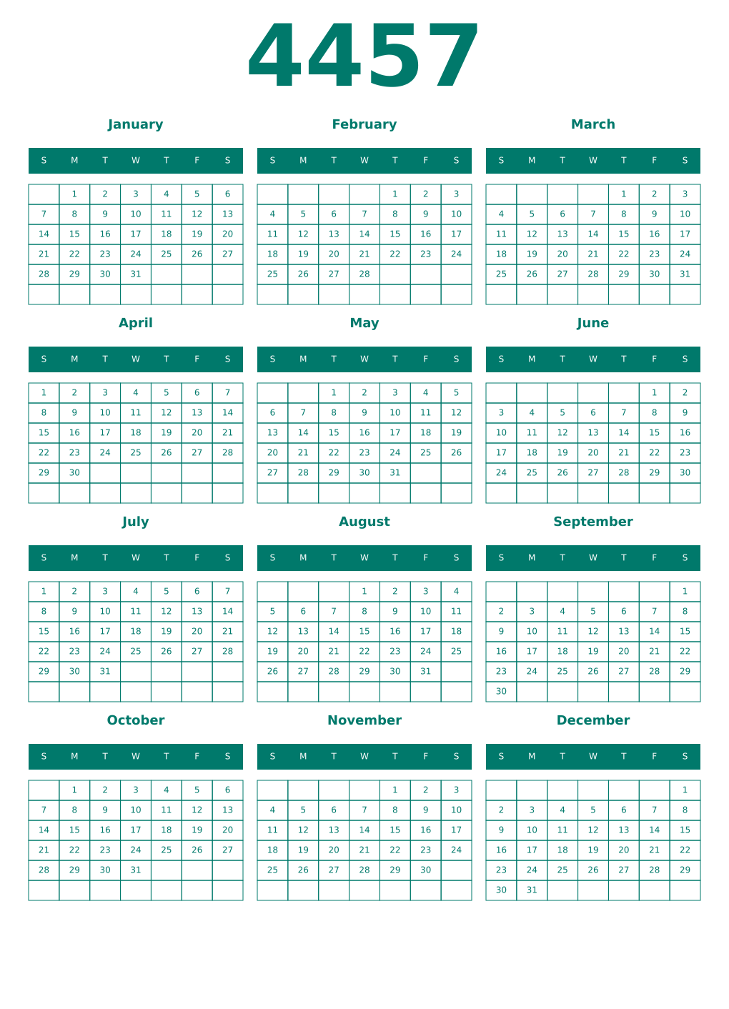 Printable 4457 Year Calendars pastel