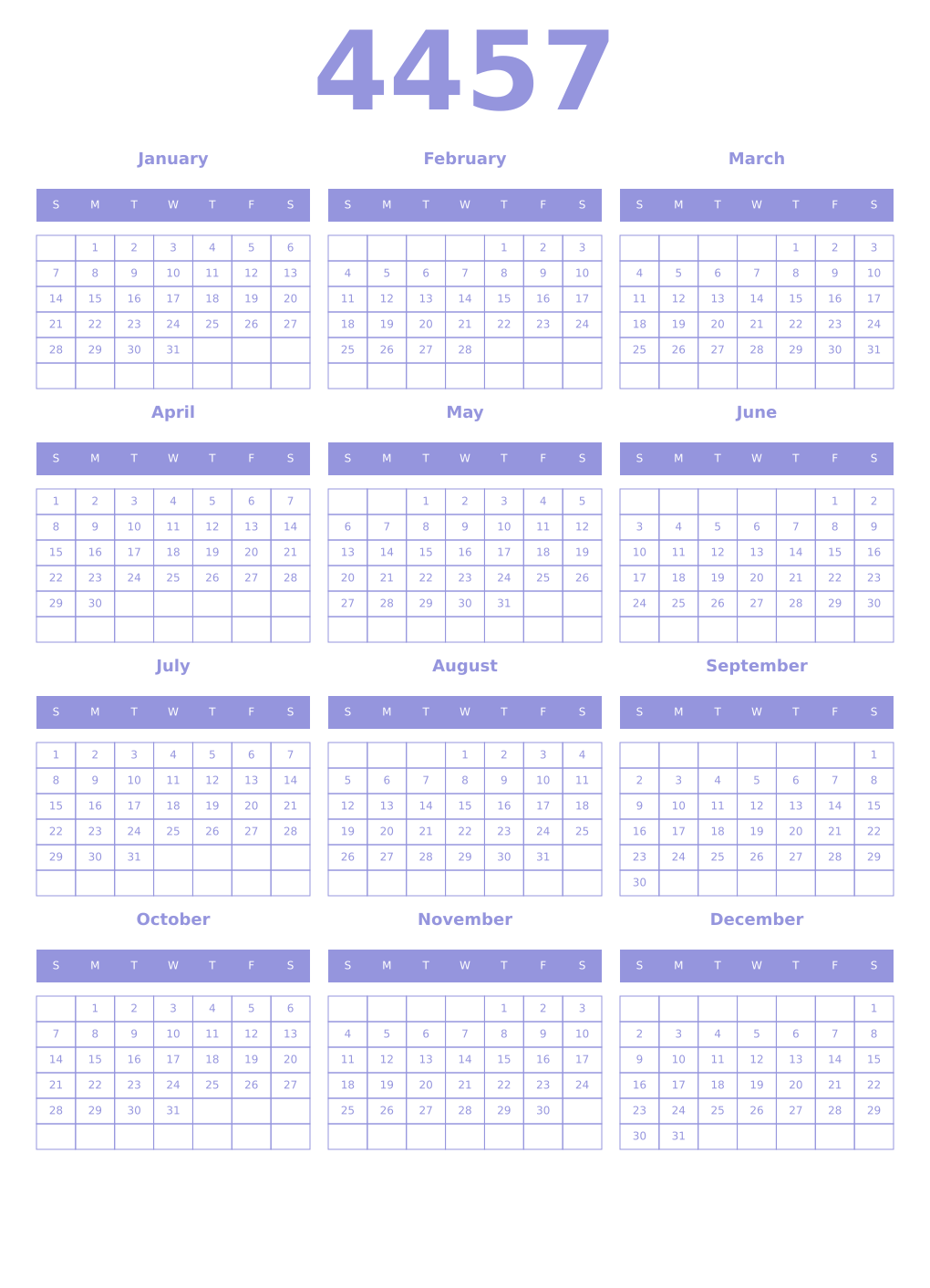Printable 4457 Year Calendars periwinkle