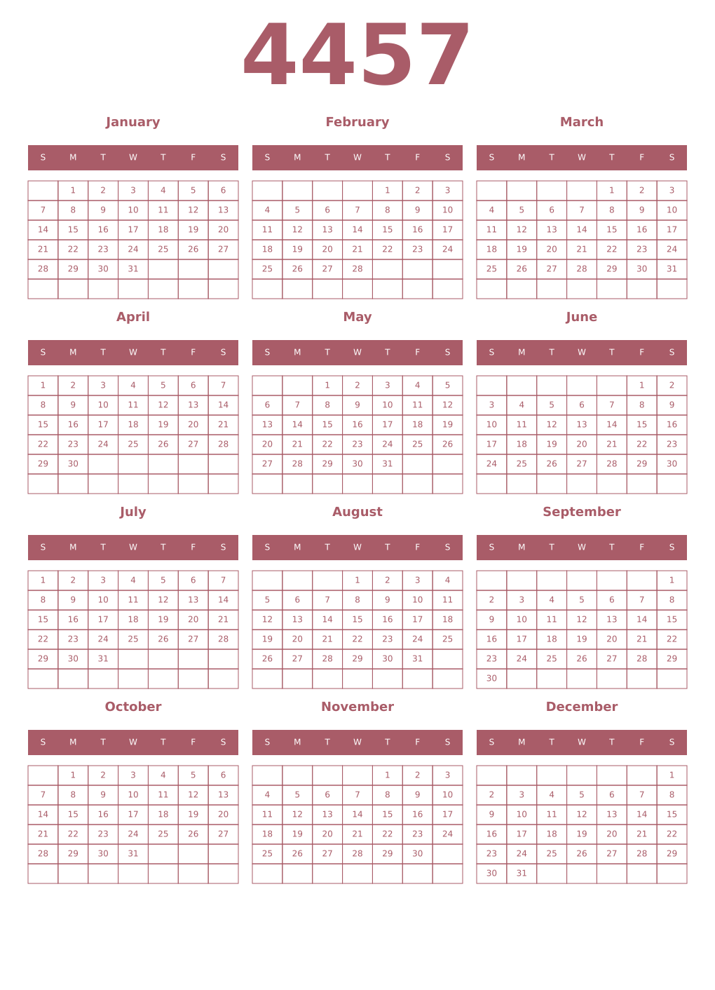 Printable 4457 Year Calendars puce