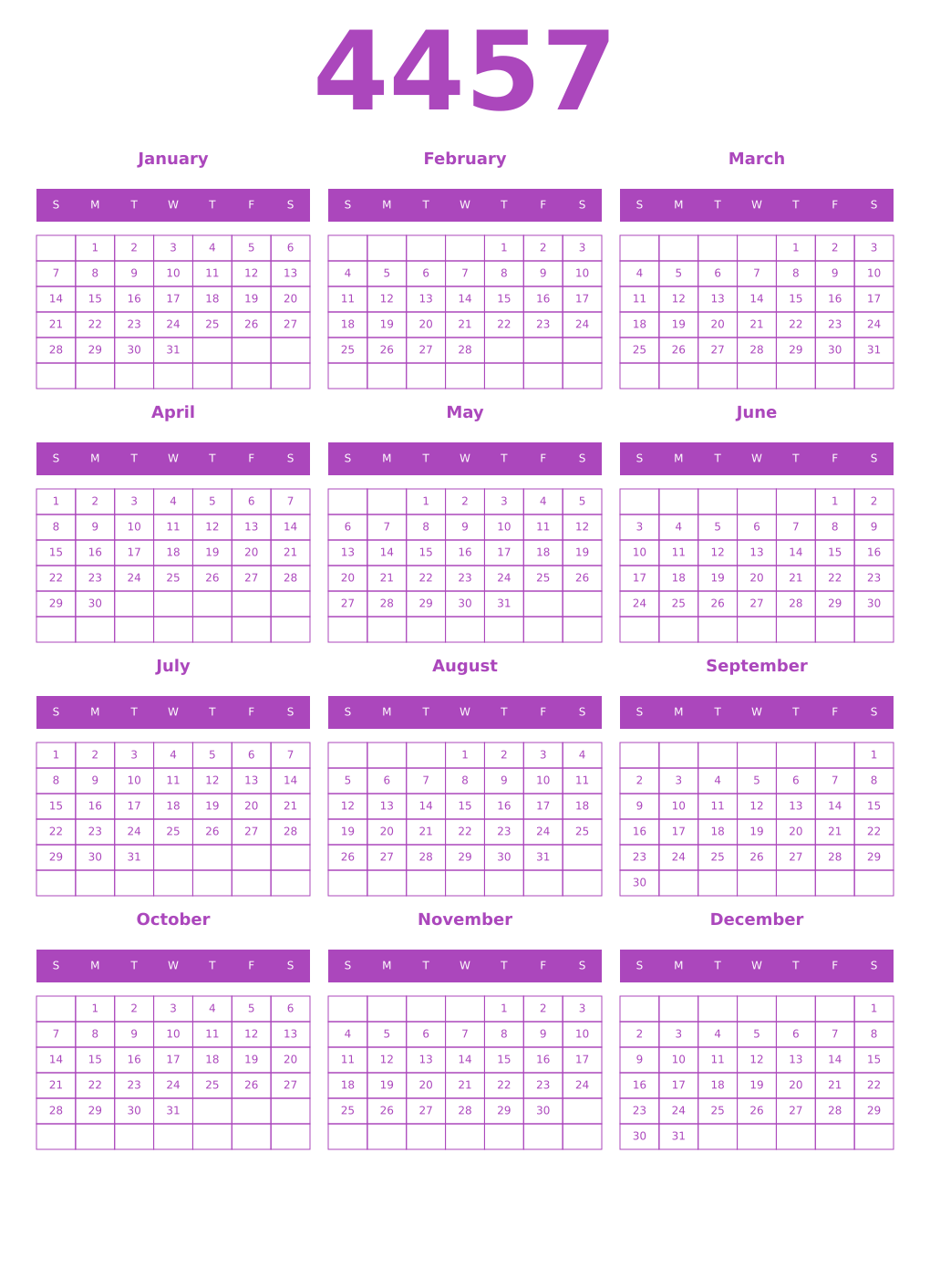 Printable 4457 Year Calendars purple