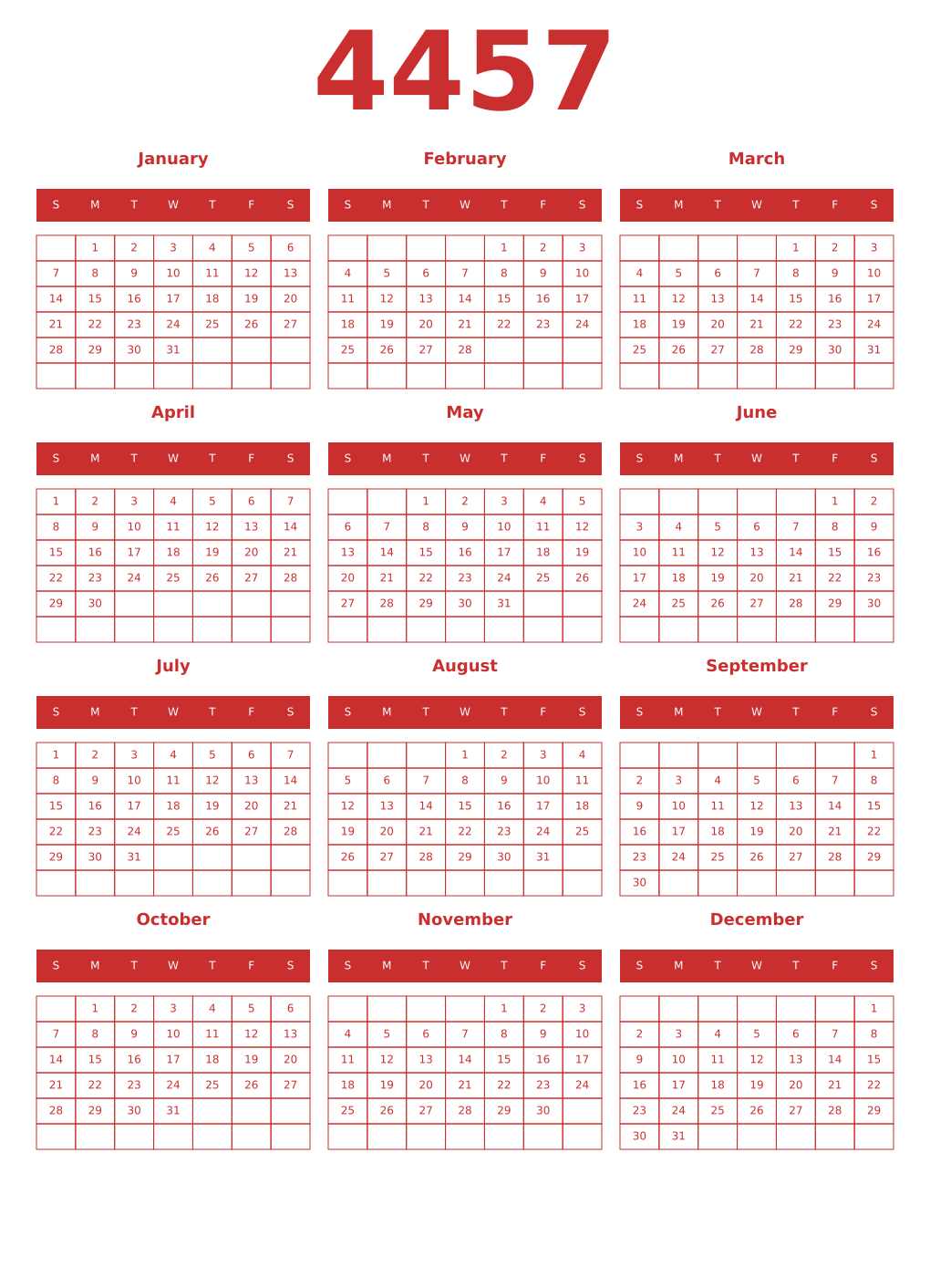 Printable 4457 Year Calendars red
