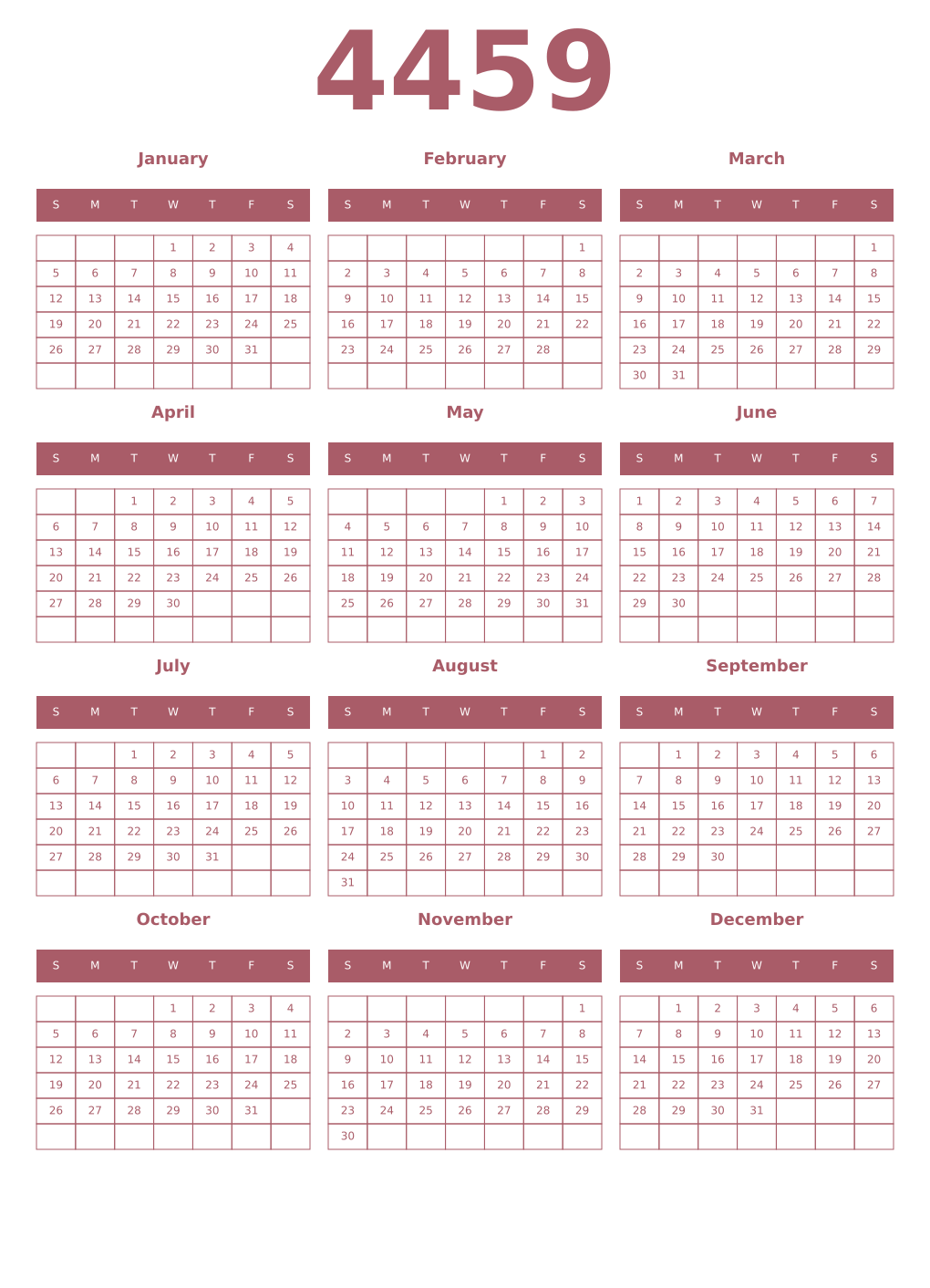 Printable 4459 Year Calendars puce