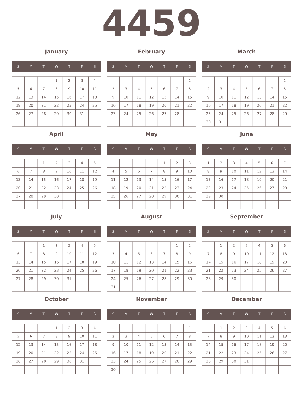 Printable 4459 Year Calendars wenge