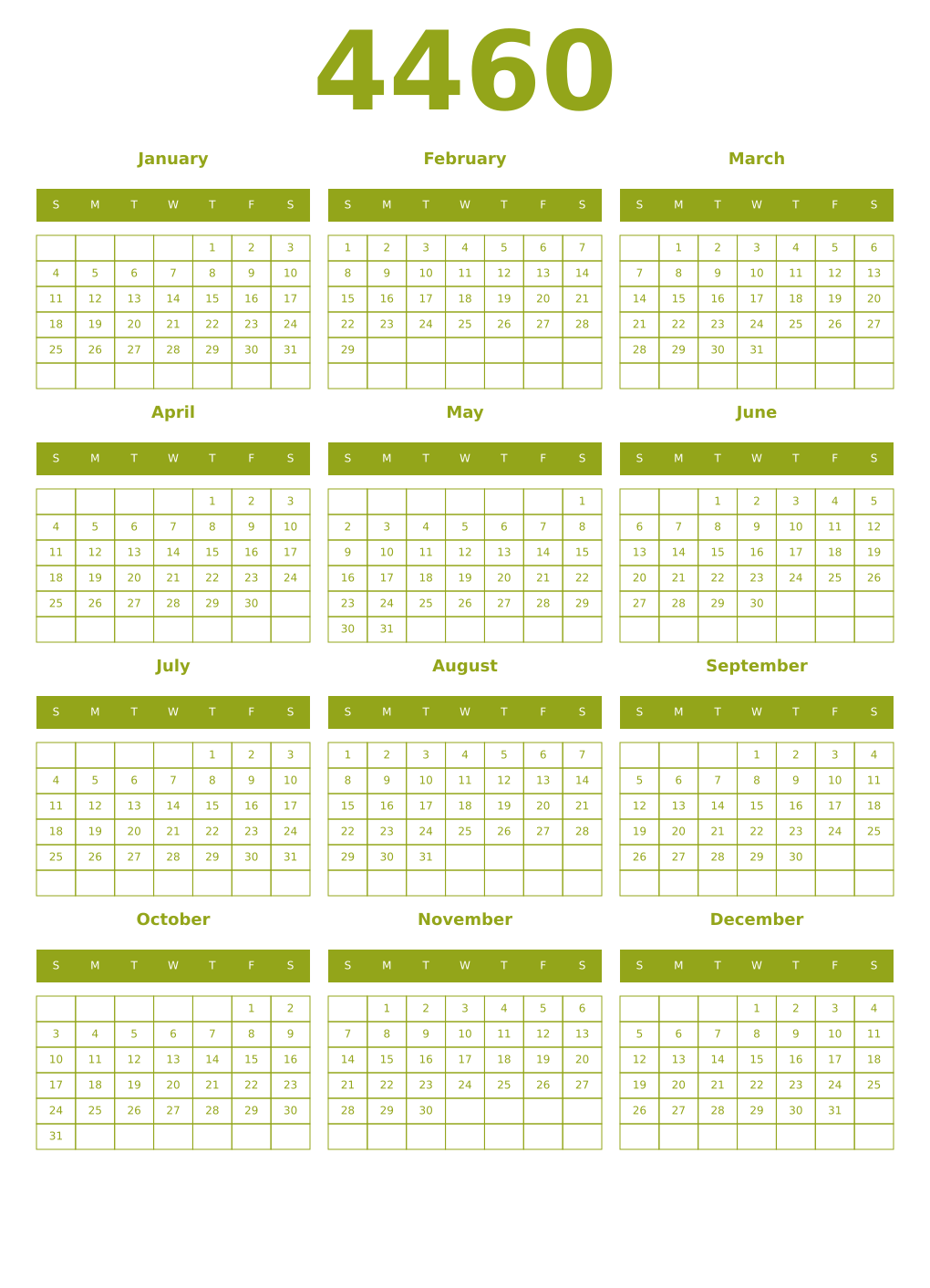 Printable 4460 Year Calendars chartreuse