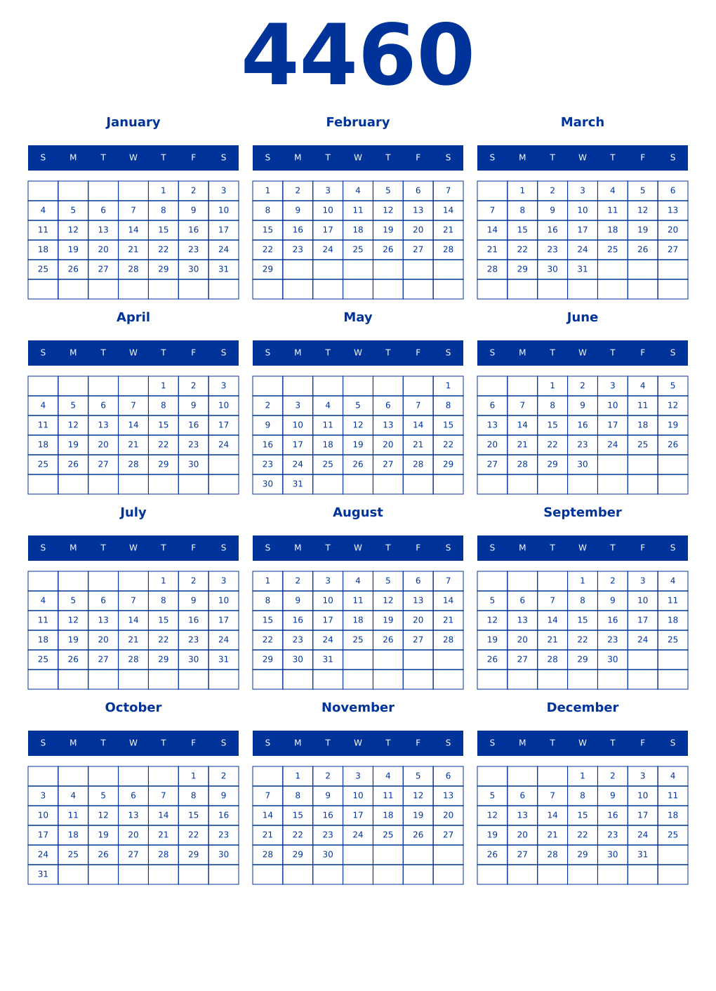 Printable 4460 Year Calendars smalt