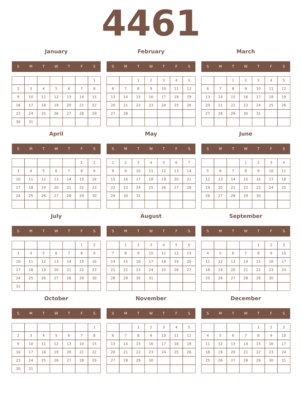 Printable 4461 Year Calendars coffe