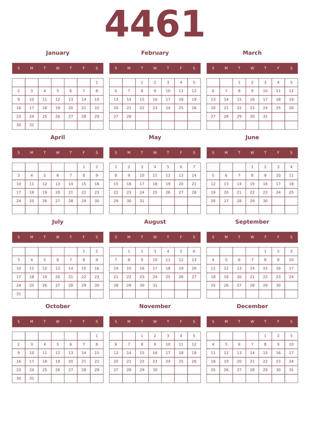 Printable 4461 Year Calendars cordovan