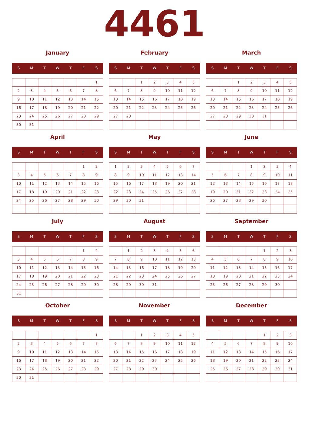 Printable 4461 Year Calendars falu