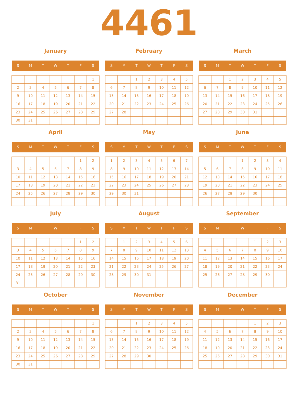 Printable 4461 Year Calendars orange