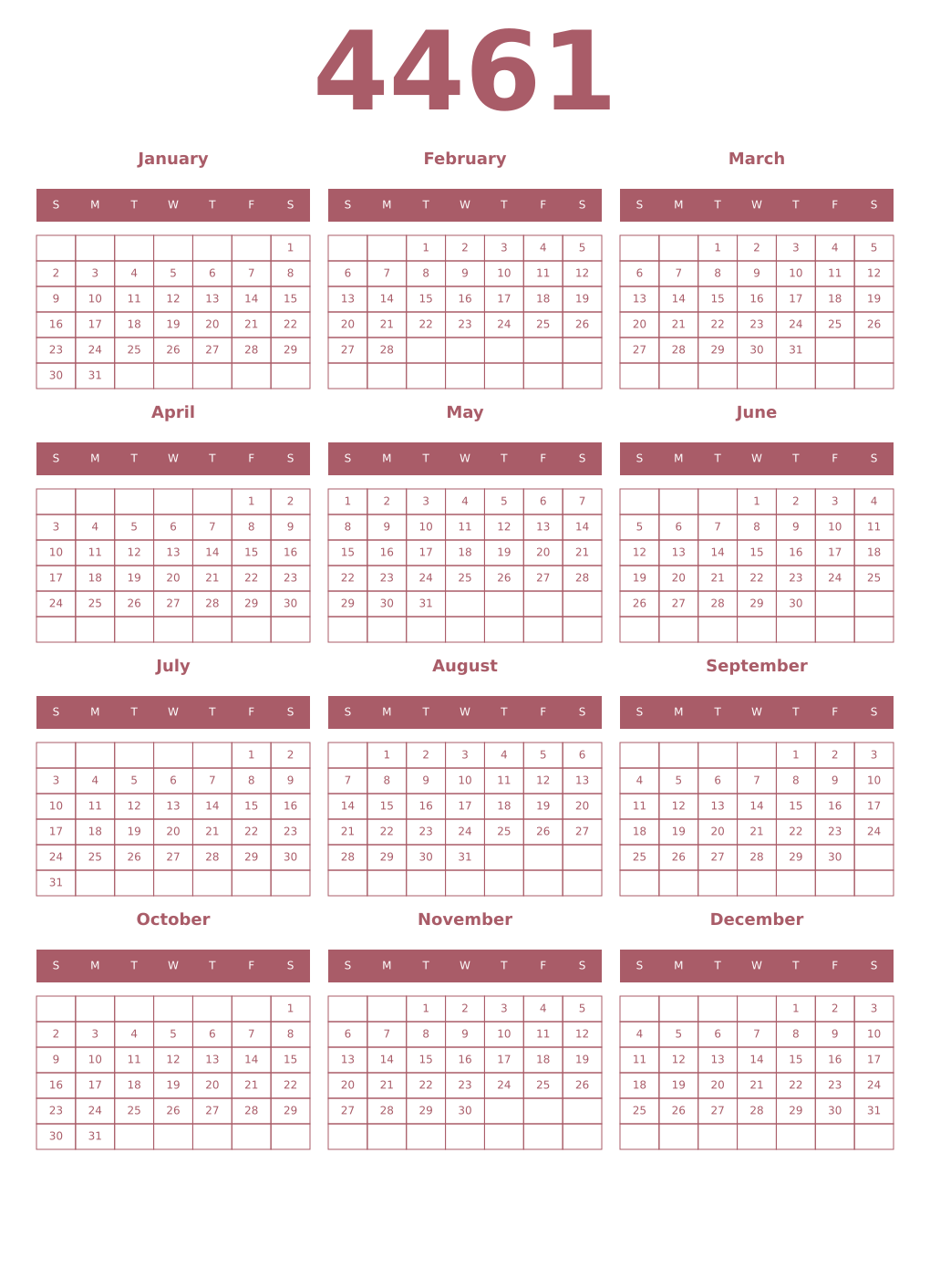Printable 4461 Year Calendars puce