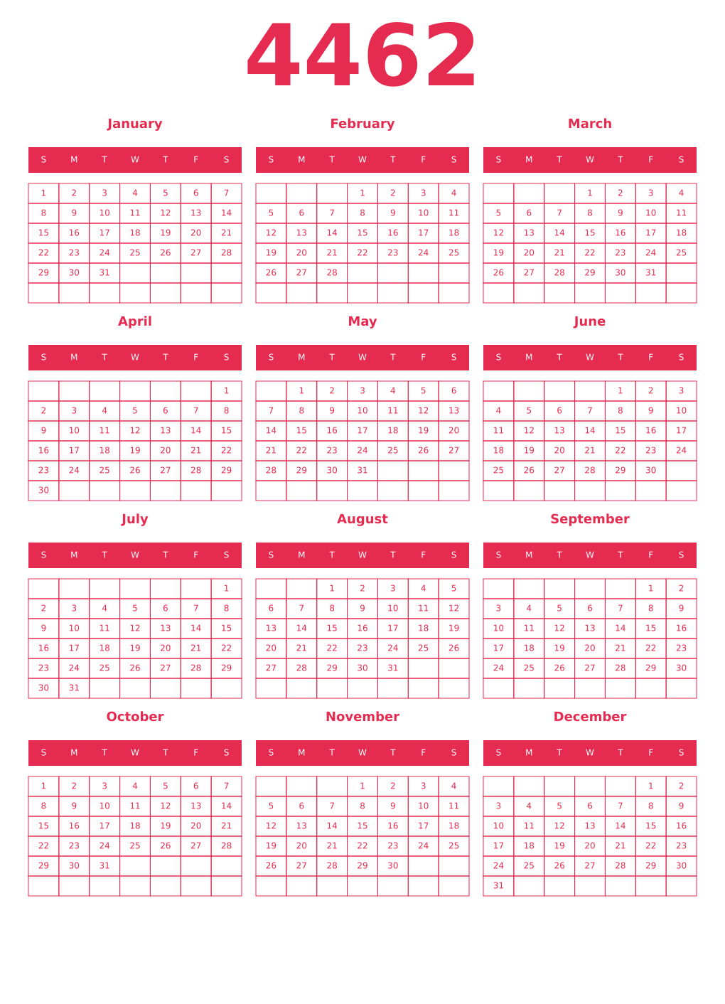 Printable 4462 Year Calendars amaranth