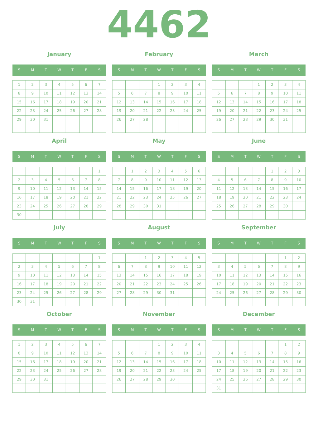 Printable 4462 Year Calendars celadon