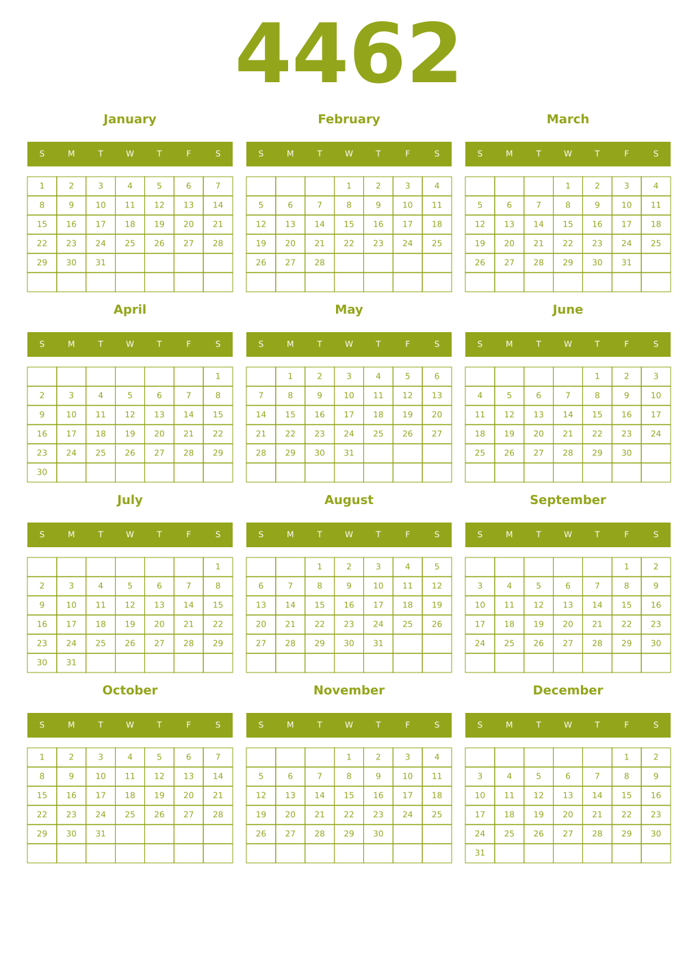 Printable 4462 Year Calendars chartreuse