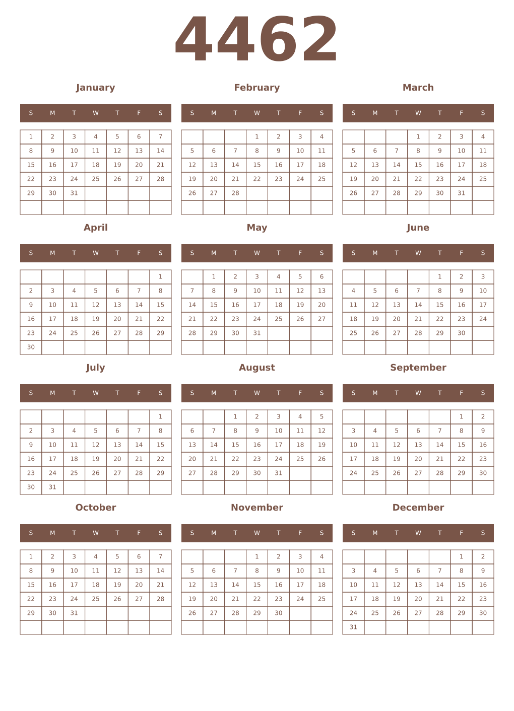 Printable 4462 Year Calendars coffe