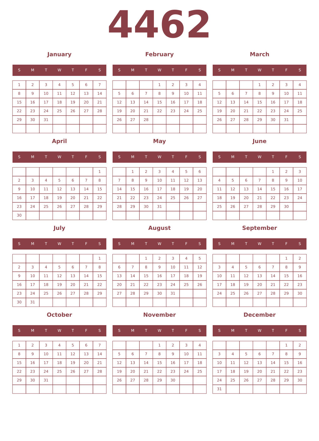 Printable 4462 Year Calendars cordovan