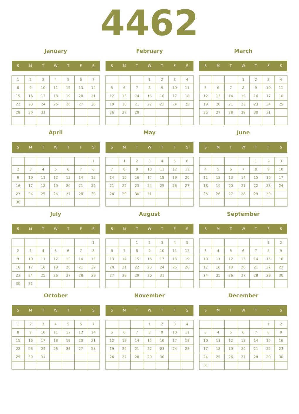 Printable 4462 Year Calendars eburnean