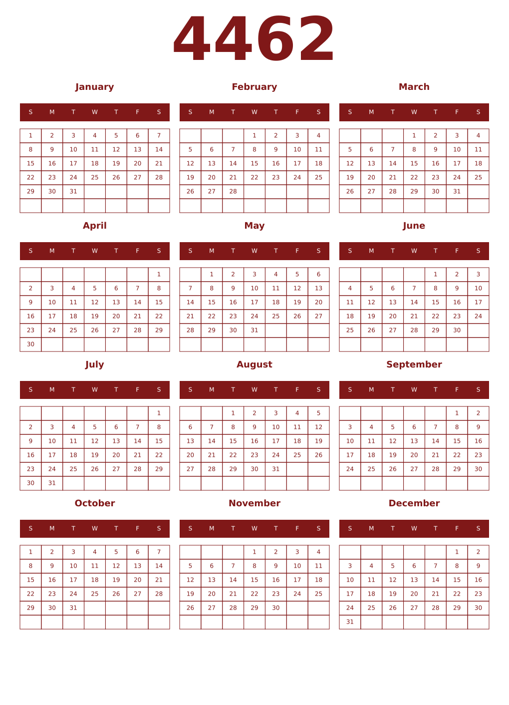 Printable 4462 Year Calendars falu