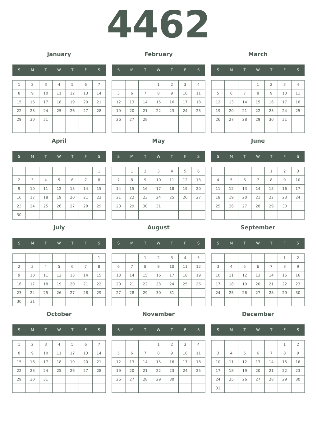 Printable 4462 Year Calendars feldgrau
