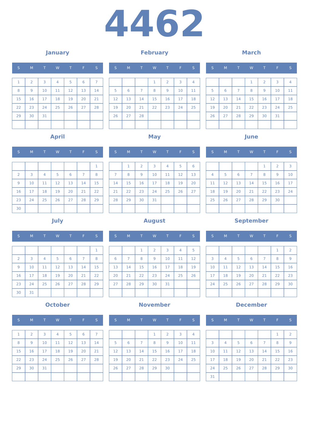 Printable 4462 Year Calendars glaucous